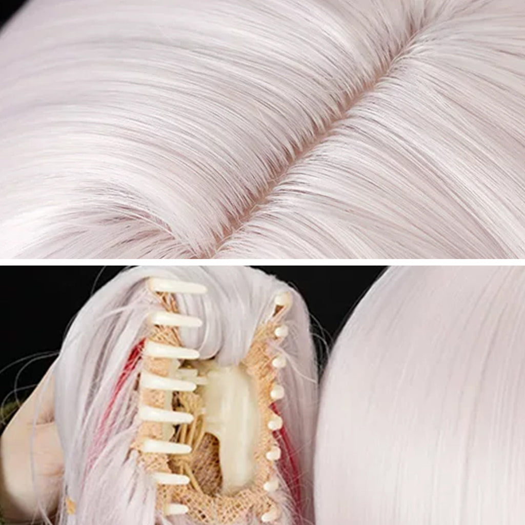 Sparxie pink wig detail collage showing the crown part and the claw clip beneath a ponytail section