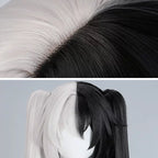 Sparxie wig detail collage showing the black-and-white center part and layered front bangs
