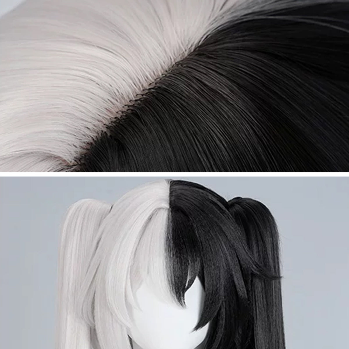 Sparxie wig detail collage showing the black-and-white center part and layered front bangs