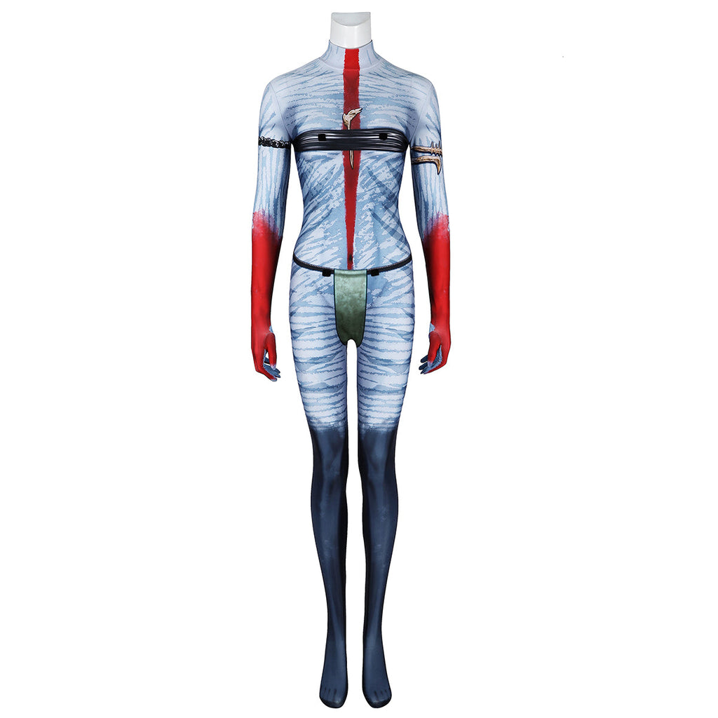 Front view of the Varang printed bodysuit without fringe or tail, showing blue stripes, red markings and dark lower legs