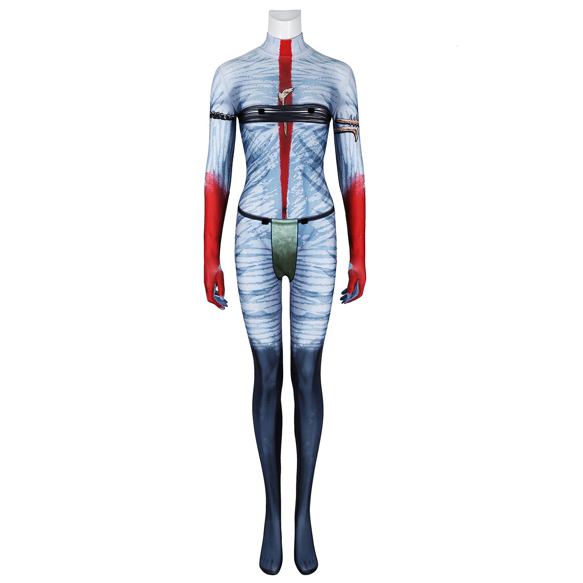 Front view of the Varang printed bodysuit without fringe or tail, showing blue stripes, red markings and dark lower legs