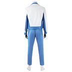 Back view of the Mister Fantastic costume without boots, showing the white jacket back and blue hem