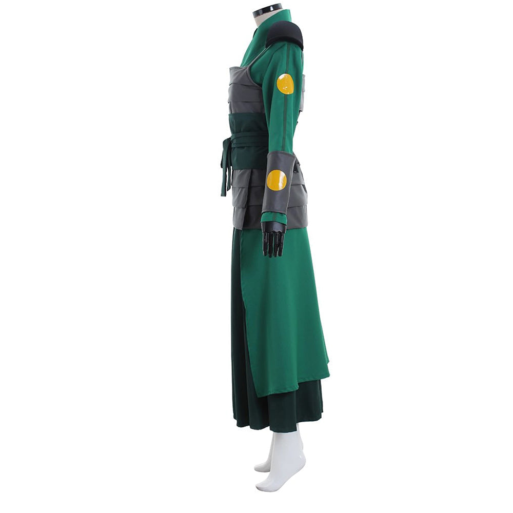 Side view of the Suki Kyoshi Warrior costume showing the shoulder guard and yellow circles on the sleeve and wrist guard