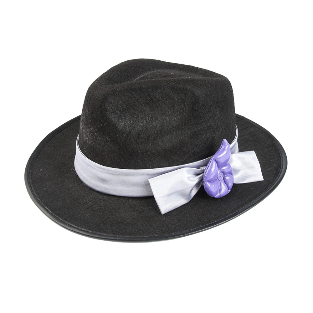 Close-up of the Floyd Leech black hat with a pale ribbon, bow and purple shell-shaped decoration