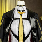 Close-up of the Evelyn Chevalier collar, yellow moth-shaped ornament, tie, black choker and glossy coat lapels