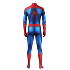 Back view of the Spider-Man: Brand New Day bodysuit without the mask, showing the center zipper and red spider emblem