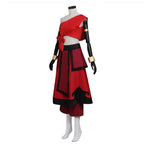Three-quarter view of the Katara red costume showing the long front skirt panel and black hem pattern