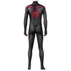 Back view of the Miles Morales jumpsuit without the mask, showing the red spider on black panels
