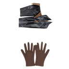 Tales of Berseria Eizen costume accessories showing black boot covers with brown trim and brown gloves laid out separately