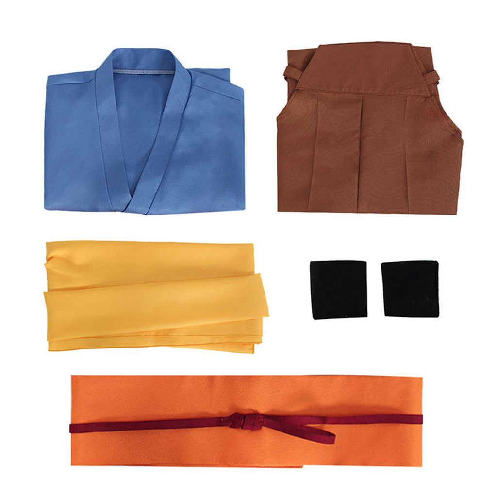 Yuru blue wrap top, brown trousers, yellow scarf, black wristbands, orange sash and burgundy cord laid out separately