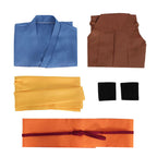 Yuru blue wrap top, brown trousers, yellow scarf, black wristbands, orange sash and burgundy cord laid out separately