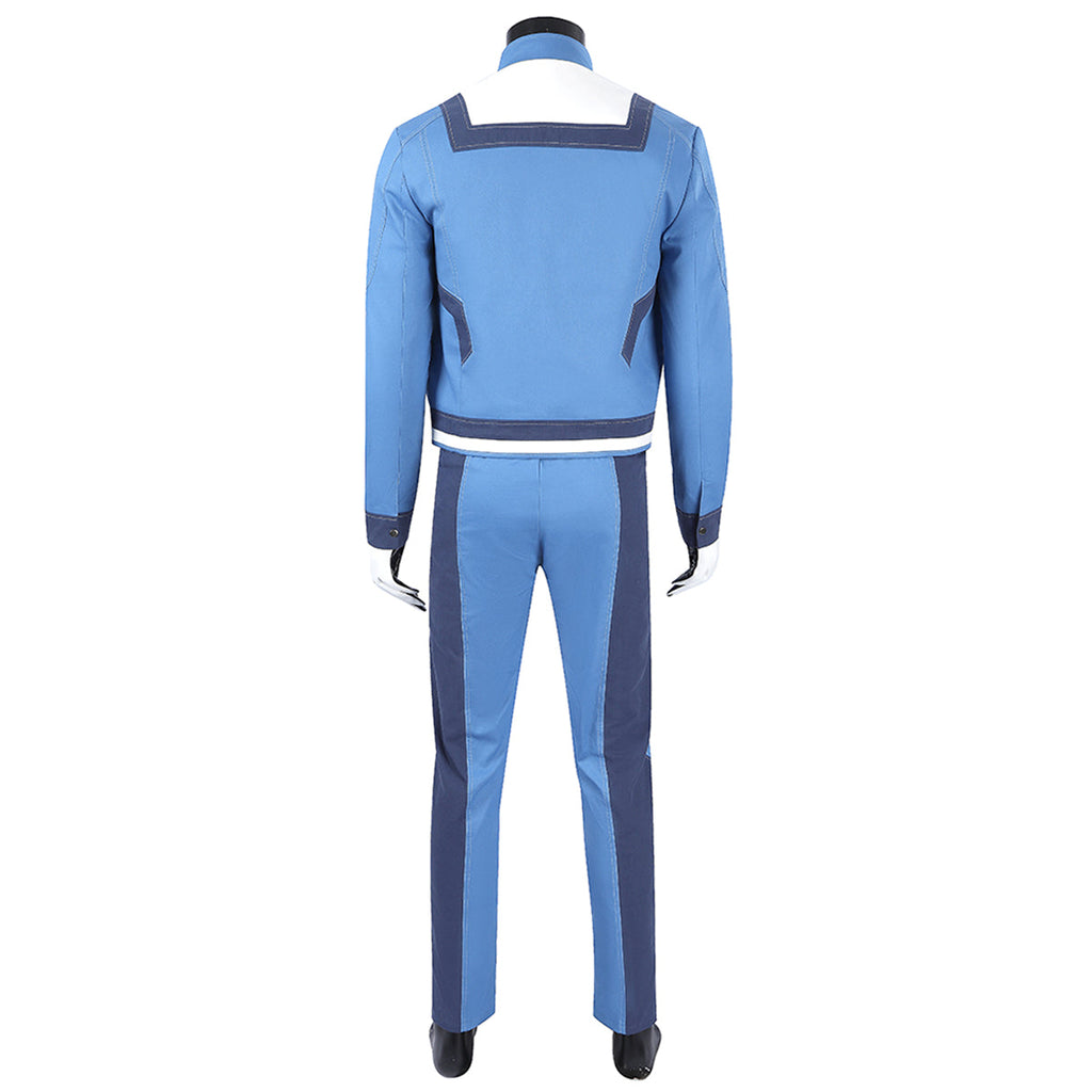 Back view of the Human Torch costume without boots, showing the white jacket yoke and dark blue trim