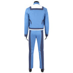 Back view of the Human Torch costume without boots, showing the white jacket yoke and dark blue trim