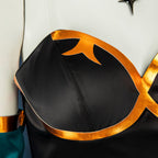 Vex'ahlia black bodice detail showing curved gold-colored trim and stitched shaping seams