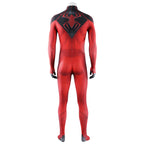 Back view of Scarlet Spider II jumpsuit without the mask showing the central zipper and red spider design