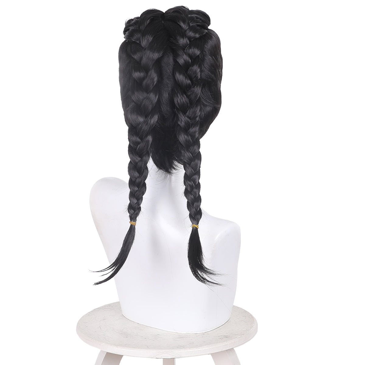 Back view of the Earth-42 Miles Morales wig with two thick braids, loose ends and short hair between them