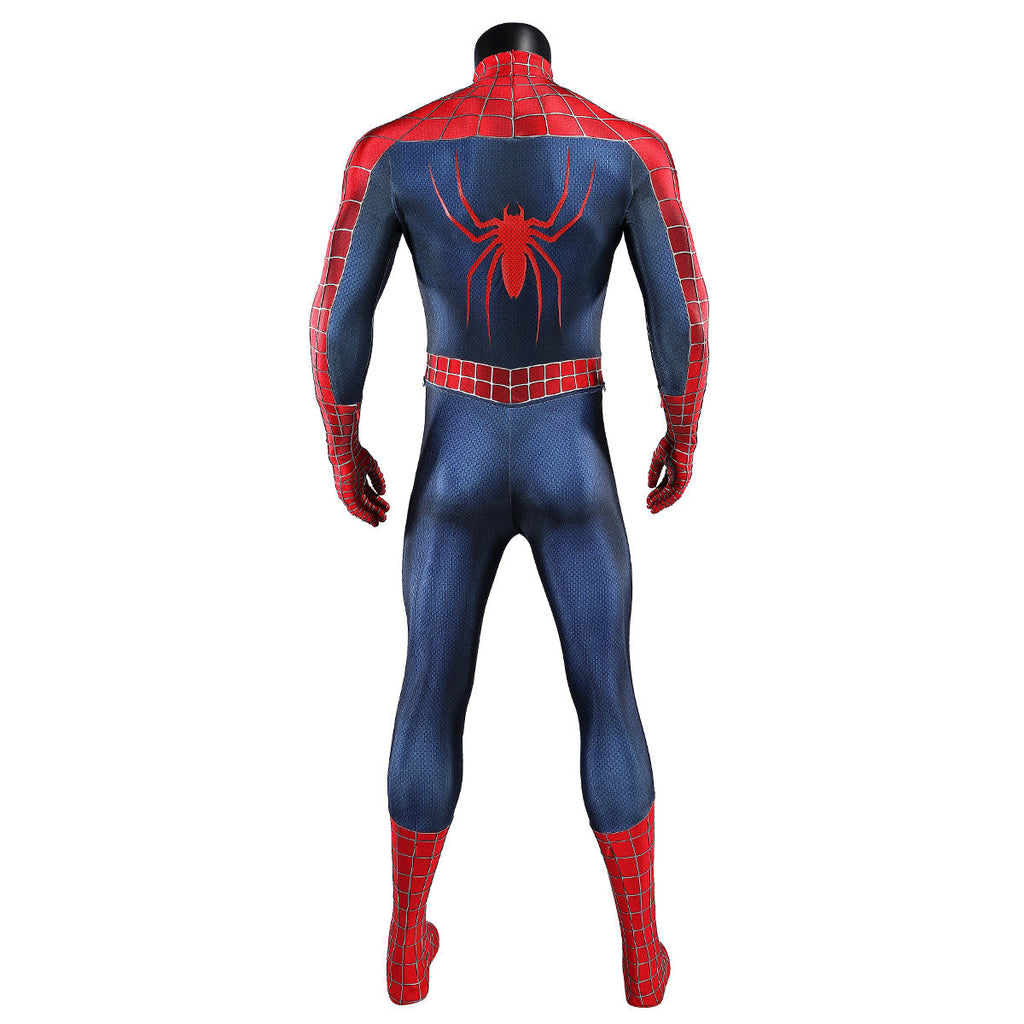 Back view of the Tobey Maguire Spider-Man suit without the mask, showing the red spider emblem