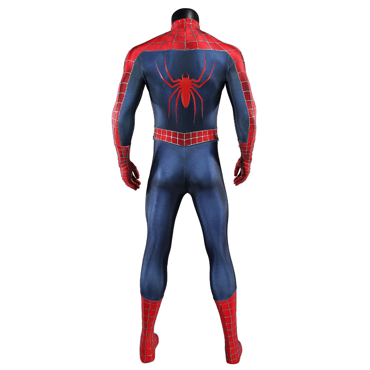 Back view of the Tobey Maguire Spider-Man suit without the mask, showing the red spider emblem