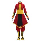 Zuko red tunic and trousers displayed without the cape, showing the gold-colored waist sash and black front panel