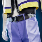 Riku costume waist detail showing a black buckle belt with silver-colored decorations and purple trouser waistband