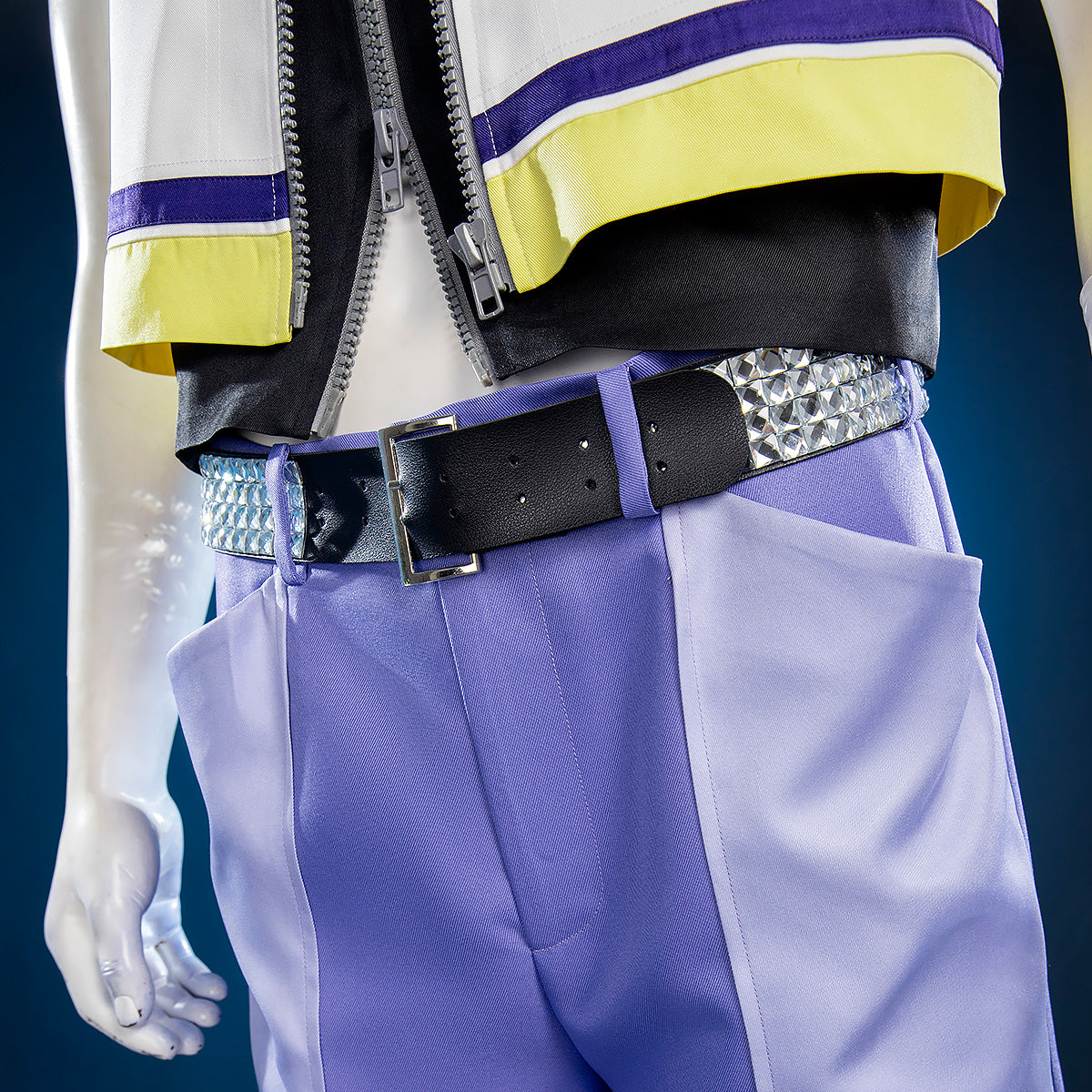 Riku costume waist detail showing a black buckle belt with silver-colored decorations and purple trouser waistband
