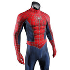 Angled chest close-up of the 2002 Spider-Man suit showing the spider emblem and raised gray web lines