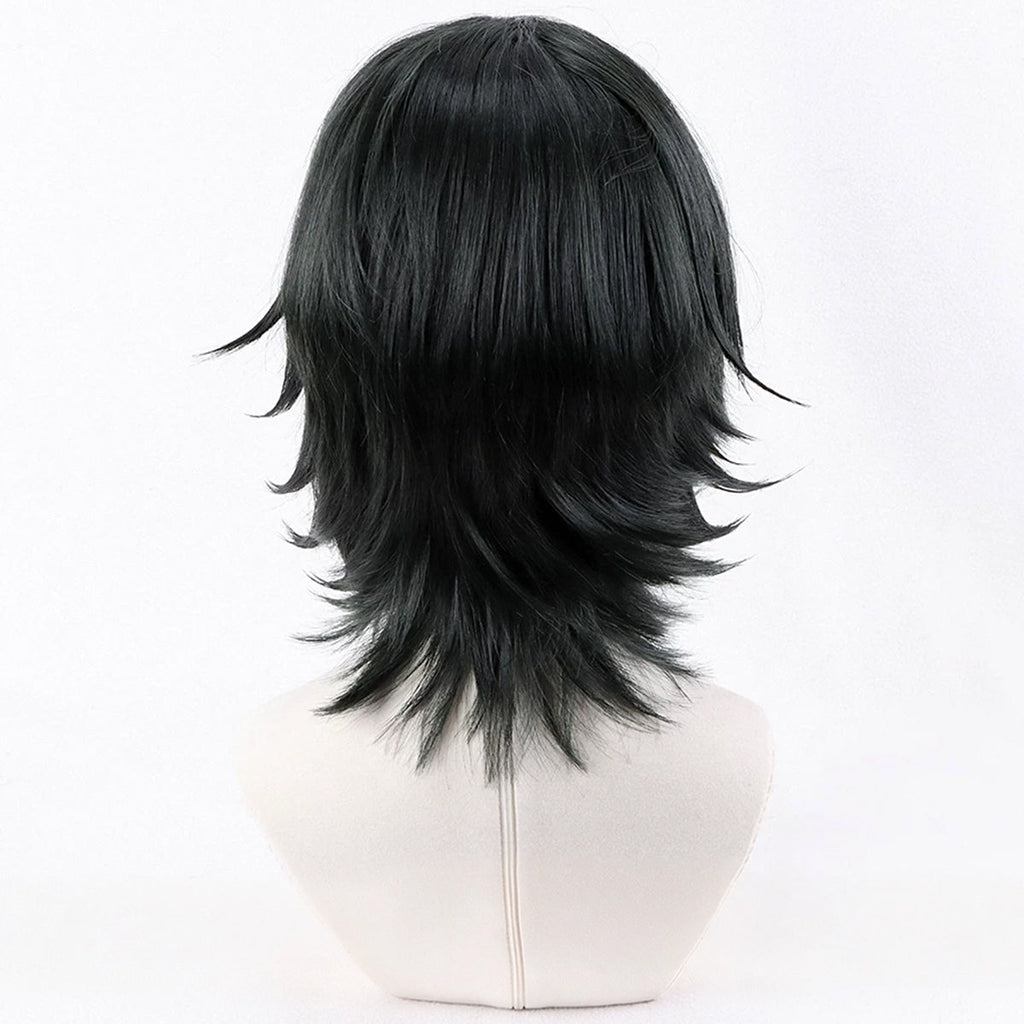 Back view of Genichi Sojo black cosplay wig showing smooth crown hair and outward-flipped layers