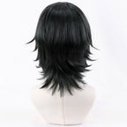 Back view of Genichi Sojo black cosplay wig showing smooth crown hair and outward-flipped layers
