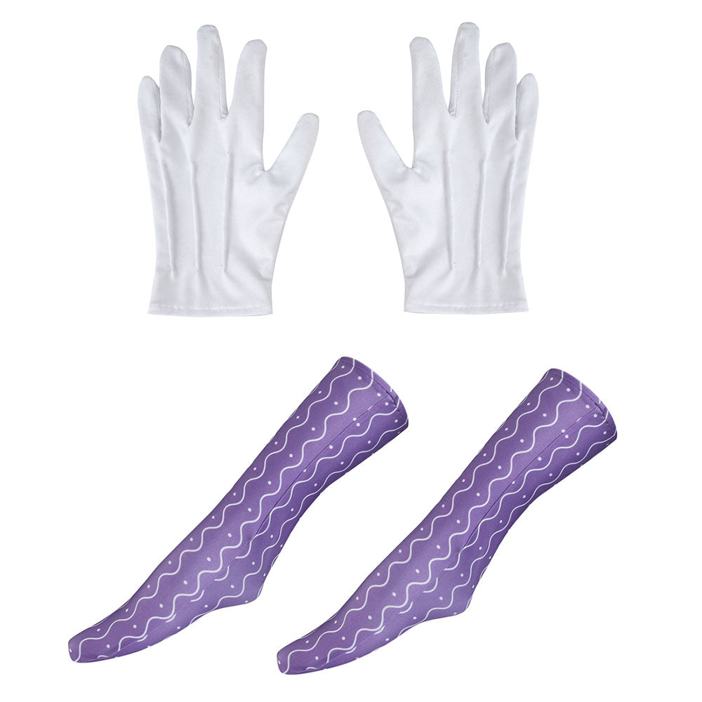 Floyd Leech costume accessories showing white gloves and purple socks with white wave and dot patterns