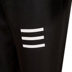 Falco black trouser detail showing three horizontal white stripes on the thigh