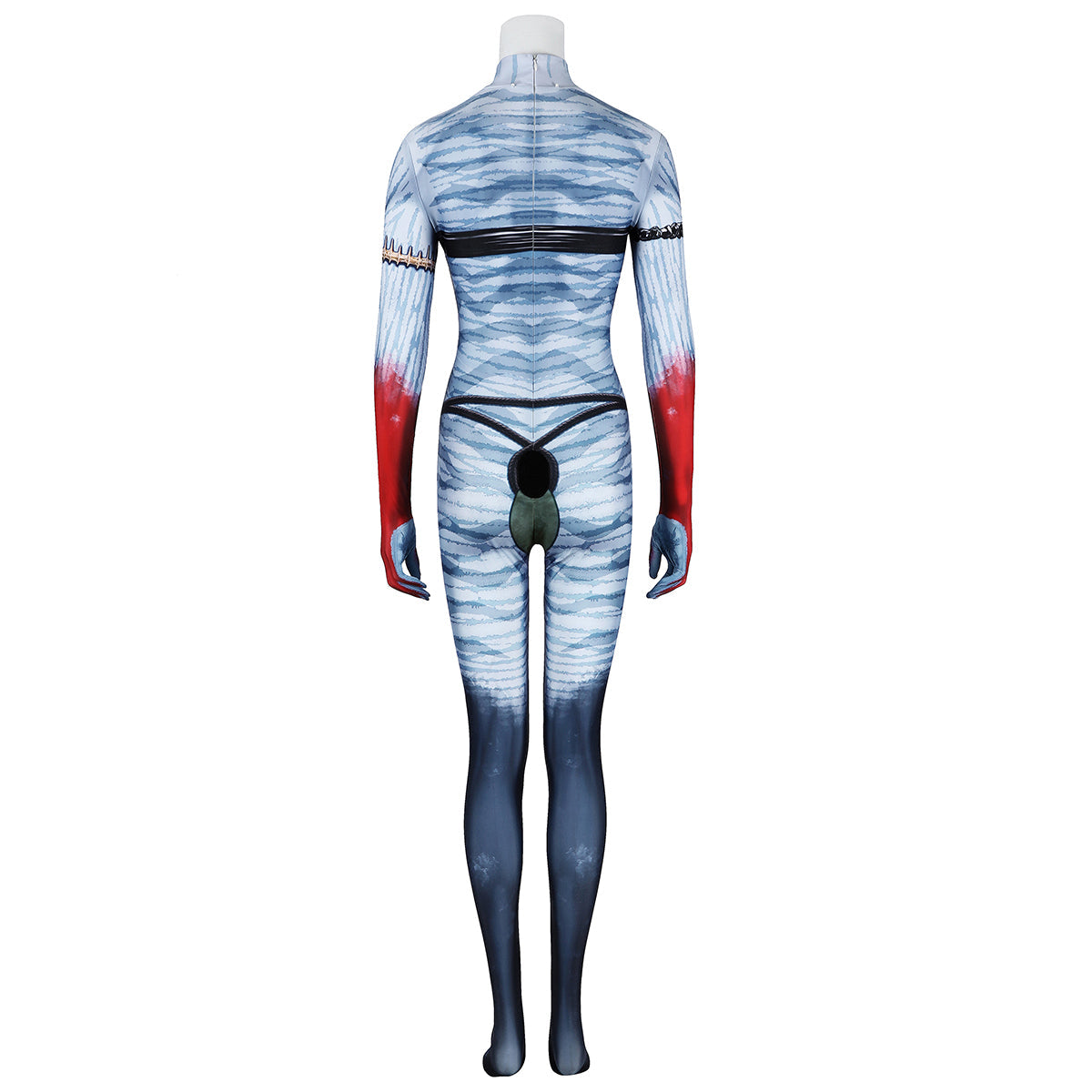 Back view of the Varang bodysuit without accessories, showing the center zipper and circular tail attachment area