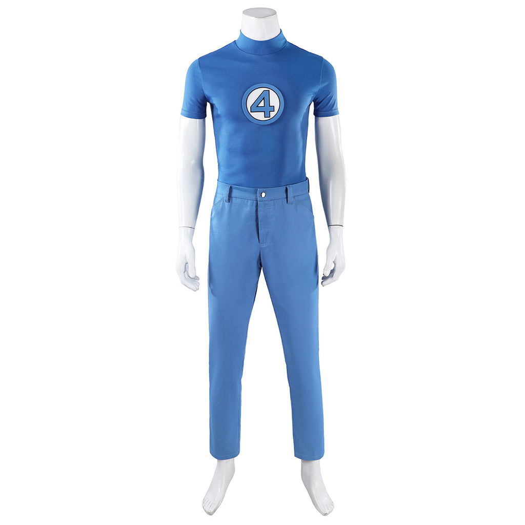 Mister Fantastic blue short-sleeved number 4 top and trousers displayed without jacket, belt or gloves