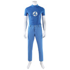Mister Fantastic blue short-sleeved number 4 top and trousers displayed without jacket, belt or gloves