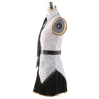 Side view of the Enterprise white sleeveless shirt showing gold-colored armhole trim, a dark belt and black skirt