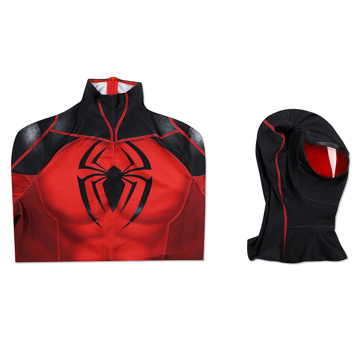 Scarlet Spider II red-and-black jumpsuit and black mask with red eye panels laid out separately