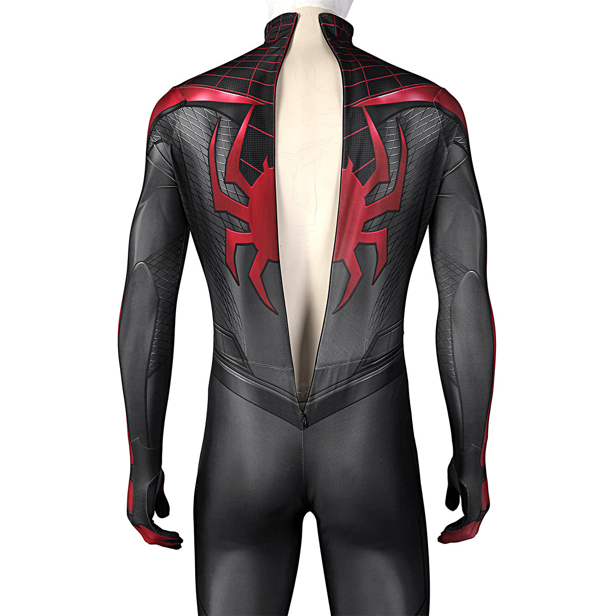 Miles Morales cosplay jumpsuit with the rear zipper opened from the collar to the lower back