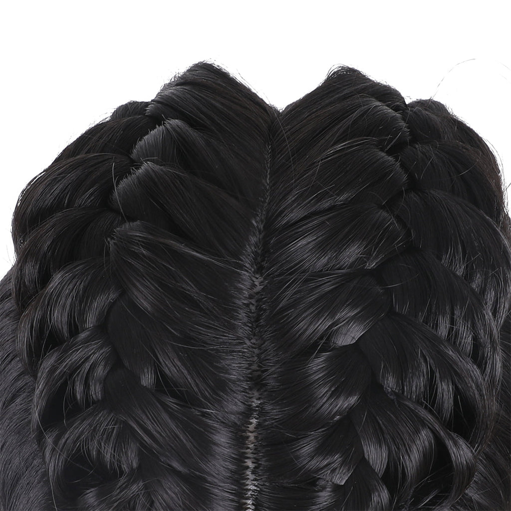 Crown close-up of the Miles Morales black cosplay wig showing the center part and paired braids