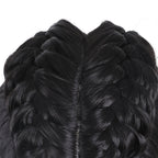 Crown close-up of the Miles Morales black cosplay wig showing the center part and paired braids