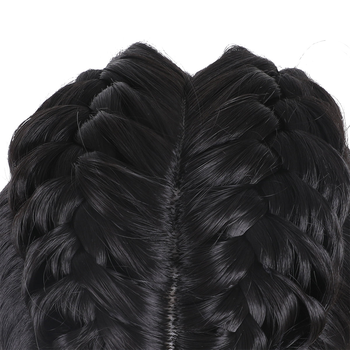 Crown close-up of the Miles Morales black cosplay wig showing the center part and paired braids