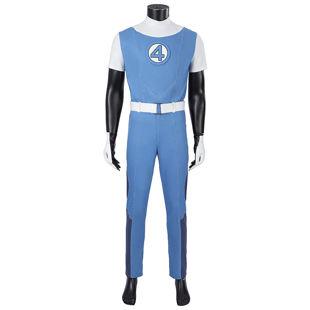 Front view of the Human Torch short-sleeved blue top and trousers with white collar, belt and gloves, without the jacket