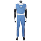 Front view of the Human Torch short-sleeved blue top and trousers with white collar, belt and gloves, without the jacket