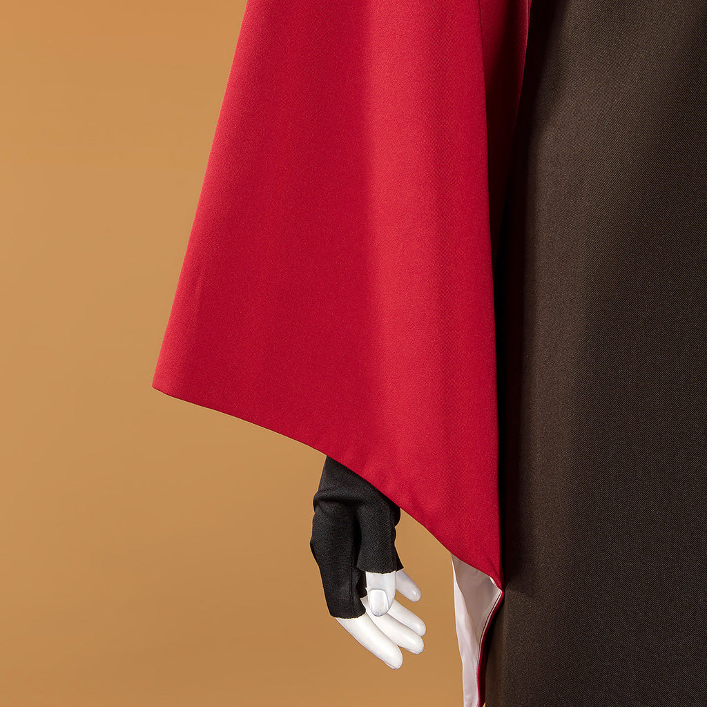 Close-up of the Mai wide red sleeve with white lining and a black fingerless glove