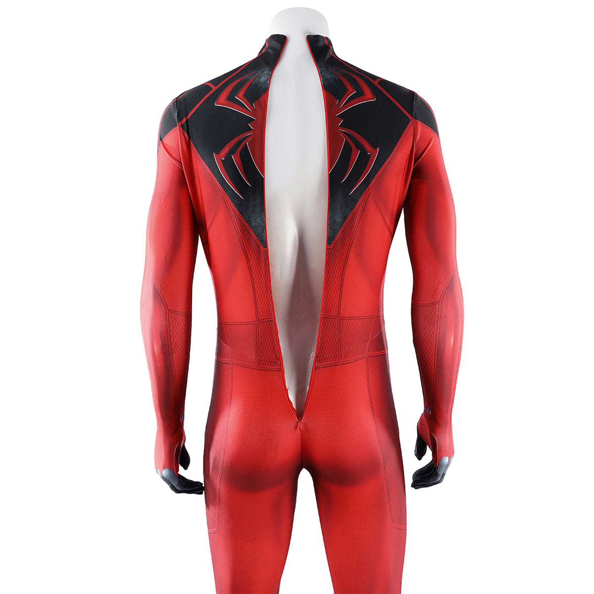 Scarlet Spider II jumpsuit displayed with its long center-back zipper open