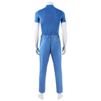 Back view of the Mister Fantastic blue top and trousers showing the gathered rear waistband