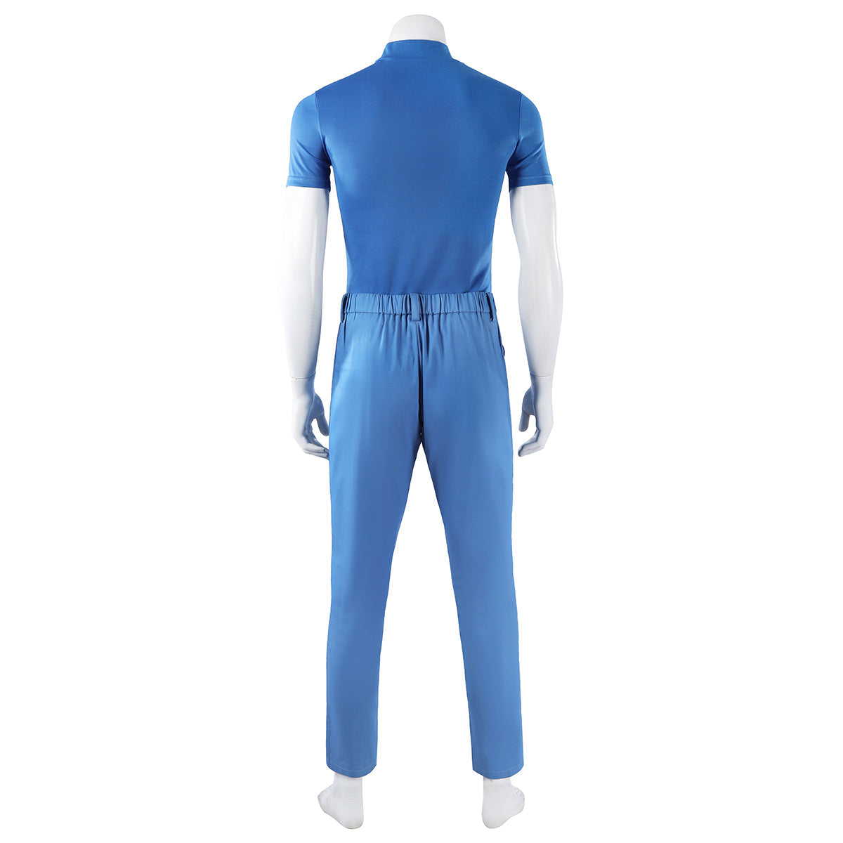 Back view of the Mister Fantastic blue top and trousers showing the gathered rear waistband