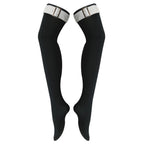 Enterprise black thigh-high stockings displayed with white straps and rectangular buckles at the top