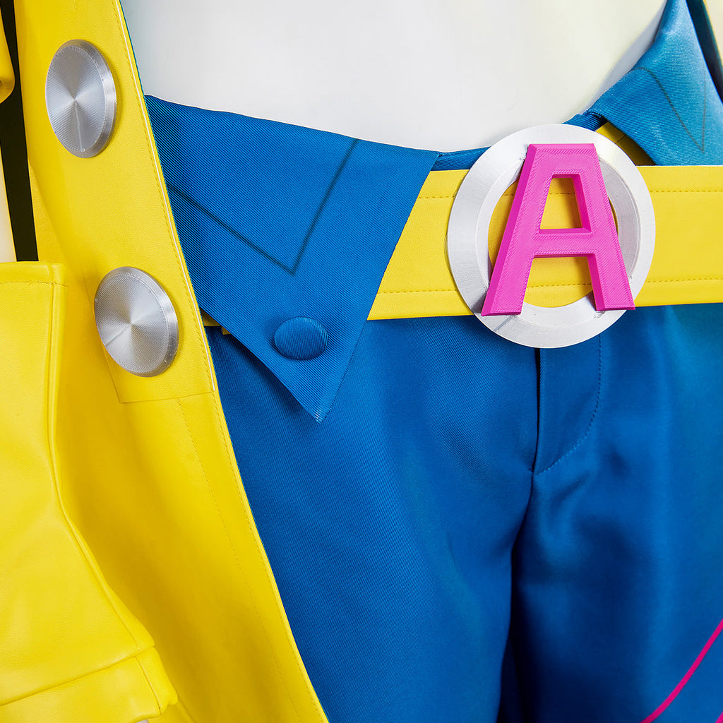 Angled waist detail of the Jubilee outfit showing the pink A belt buckle and pointed blue waistband