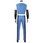 Back view of the Human Torch short-sleeved costume showing stitched blue panels and a white belt