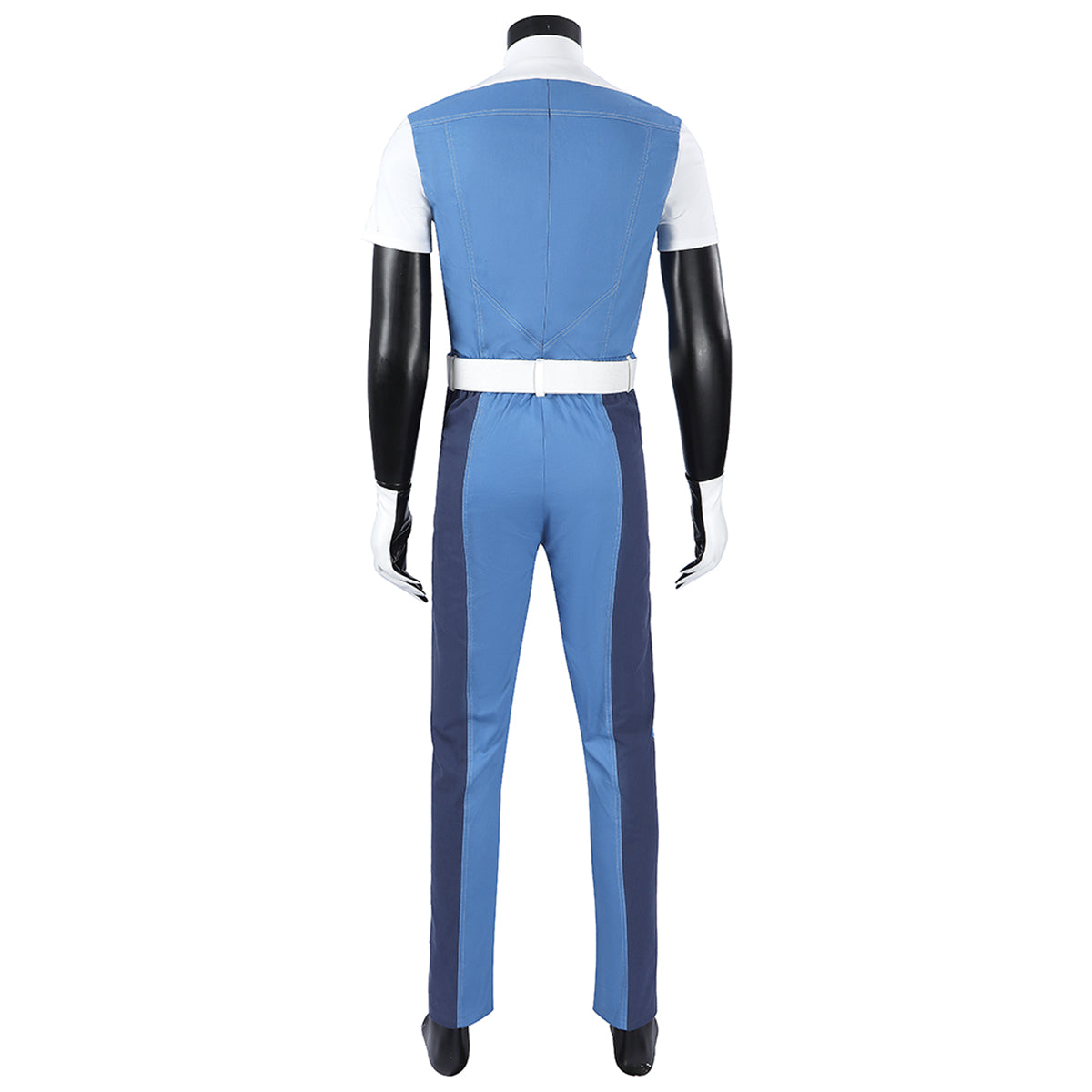 Back view of the Human Torch short-sleeved costume showing stitched blue panels and a white belt