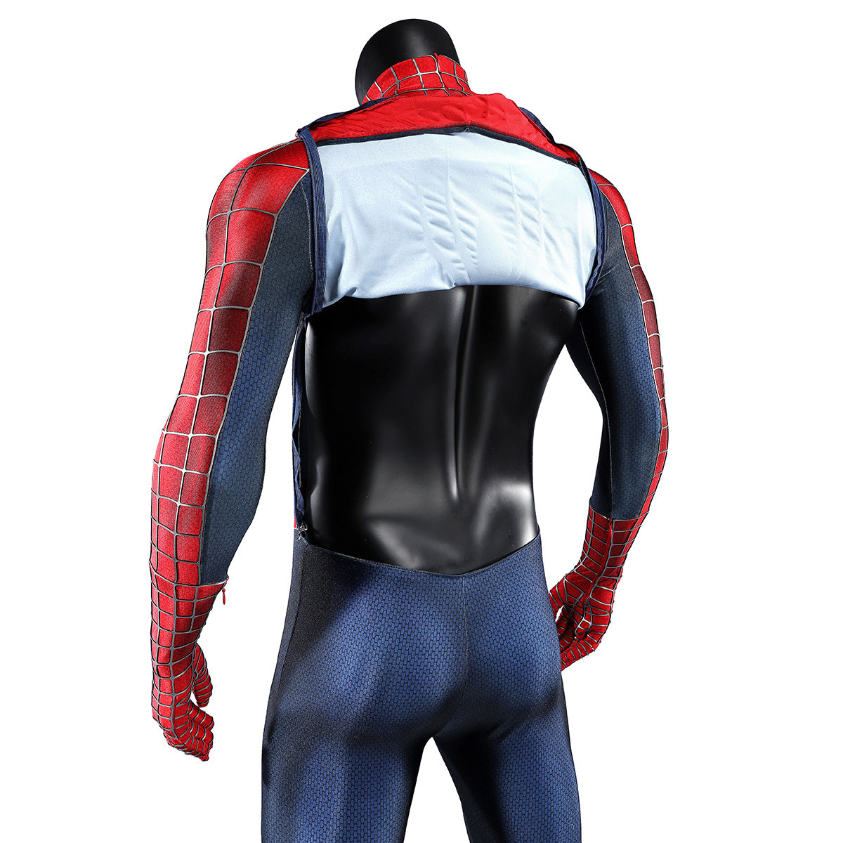 2002 Spider-Man costume with the back opening unzipped and upper panel folded up to show the inner lining